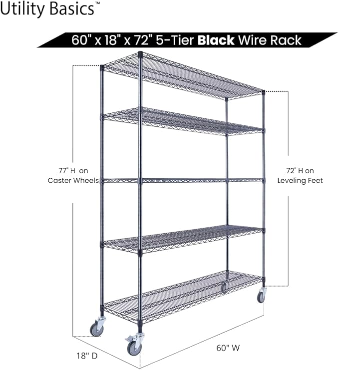 Utility Basics NSF Commercial 5-Tier Wire Shelving with Wheels, 60"x18"x72" Heavy Duty Metal Shelves 4000 lbs Max Capacity, Black Storage Rack for Garage Kitchen Pantry Warehouse