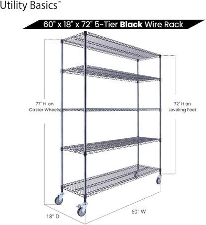 Utility Basics NSF Commercial 5-Tier Wire Shelving with Wheels, 60"x18"x72" Heavy Duty Metal Shelves 4000 lbs Max Capacity, Black Storage Rack for Garage Kitchen Pantry Warehouse