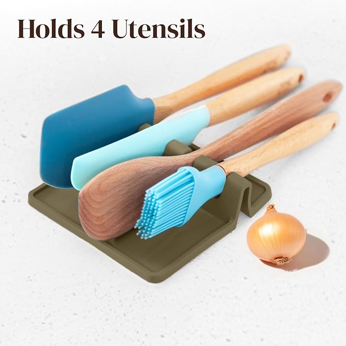 Cooler Kitchen Stone Silicone Spoon Rest for Stove Top with Drip Pad (Two Pack) - Heat Resistant BPA Free Utensil Rest & Spoon Holder for Kitchen Counter - Grill Utensil Holder - Spatula Holder