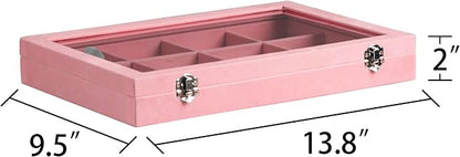 Frebeauty Velvet Jewelry Tray,12 Grid Jewelry Organizer with Clear Lid,Bracelets Holder,Jewelry Display Case with Clasp,Drawer Insert Bangle Brooch,13.8 x 9.5 x 2 Inches,Gift for Women Girls(Pink)