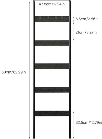 Blanket Ladder, 5-Tier Towel Holder with 4 Removable Hooks, Farmhouse Wall Leaning Decorative Rack Shelf, Wooden Towel Display Rack, Quilt Ladder for Living Room, Bedroom, Black