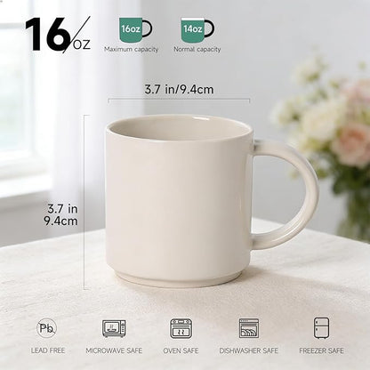 Coffee Mugs Set of 4, Stoneware Coffee Cups with Comfortable Handle, 16oz Ceramic Mugs for Kitchen & Office, Dishwasher & Microwave Safe - Creamy White