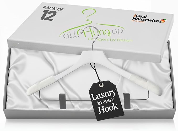 Wooden Hangers with Clips for Women, Solid Wood Skirt & Suit Hangers, Heavy-Duty Adjustable Non-Slip Design with Velvet Grip, White with White Velvet, 12 pcs