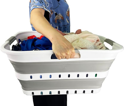 SAMMART 42L (11 gallon) Collapsible Plastic Laundry Basket - Foldable Pop Up Storage Container/Organizer - Space Saving Hamper/Basket (1, Grey/White)