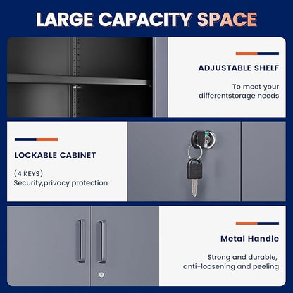 Yizosh Metal Storage Locking Cabinet with 4 Doors and 2 Adjustable Shelves,71" Lockable Garage Tall Steel Cabinet,for Home Office,Living Room,Pantry,Gym,Commercial Storage (Gray Black)