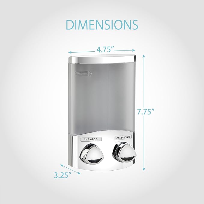 Better Living EURO Shower Dispenser Wall Mount Shower Soap Dispenser for Bathroom Hotel Body Wash, Corner or Flat Wall Shower Shampoo Dispenser, Built-in Hooks, 2 x 10.5 oz, Chrome, 2-Chamber