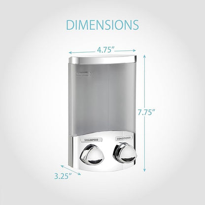 Better Living EURO Shower Dispenser Wall Mount Shower Soap Dispenser for Bathroom Hotel Body Wash, Corner or Flat Wall Shower Shampoo Dispenser, Built-in Hooks, 2 x 10.5 oz, Chrome, 2-Chamber