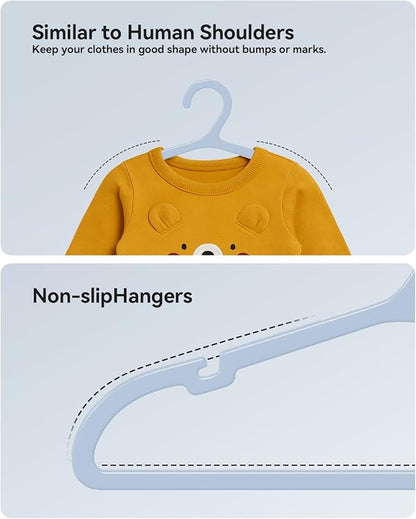 Plastic Kids Hangers, Pack of 60, Ultra Slim Closet Hangers, Non-Slip, Space-Saving, Sturdy, 14" W x 7" H (for Children Aged 7-12 Years), Light Blue, UAPY0760L