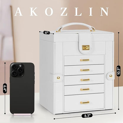 AKOZLIN Functional 6-Tier Jewelry Box Organizer with 5 Drawers Leather Jewelry Storage Case for Women Girls Ring Necklace Earring Bracelet Holder Organizer with Mirror White