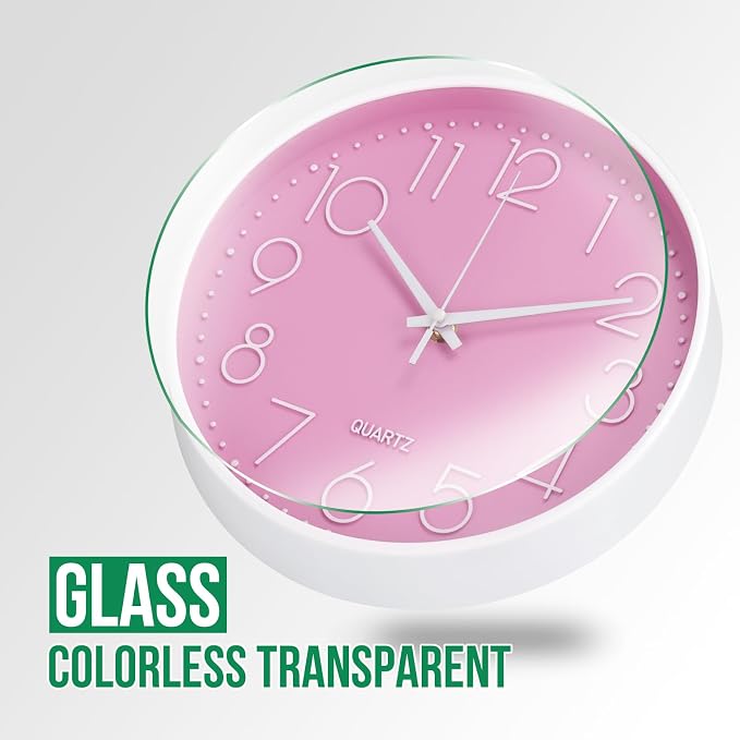 Wall Clock 10 Inch Non-Ticking Silent Modern Simple Style Round Decor Clock Pink Stereoscopic Dial Quartz Wall Clocks for Home/Office/School/Living Room/Bedroom/Kitchen