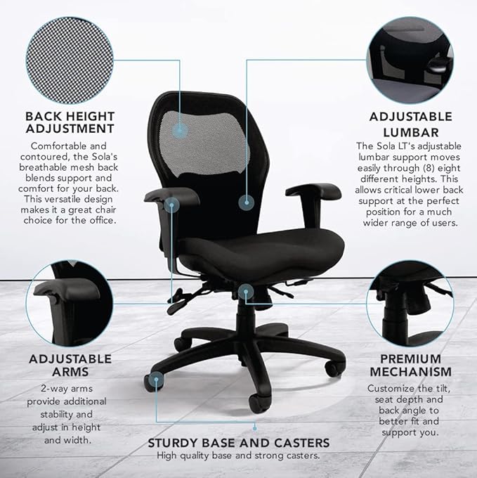 Seating Sola LT Ergonomic Office Chair | Comfortable Mid Back Computer Chair | Back Support Office Chair | Ultra-Soft | Ergonomic Lumbar Support Chair | (Steel Gray)