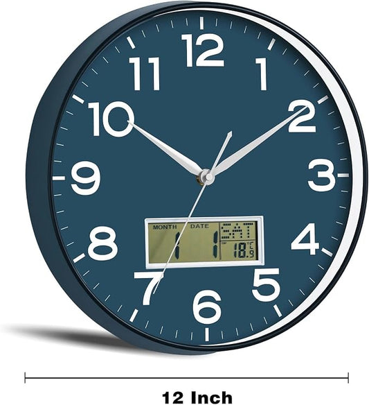 AKCISOT Wall Clock 12 Inch, Non-Ticking Silent Battery Operated Analog with LCD Display for Perpetual Calendar and Temperature, Ideal Modern Decor for Home, Bedroom, Kitchen, Office (Blue)