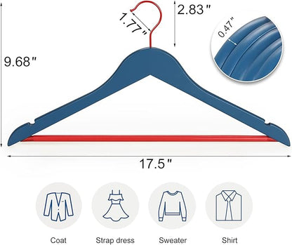 TOPIA HANGER Premium Wooden Hangers with Non-Slip Pant Bar, 360°Swivel Hook and Shoulder Notches, 16 Pack Solid Wood Clothes Hangers for Suit, Coat, Jacket, Camisole(Blue/Red)-CT35BR2