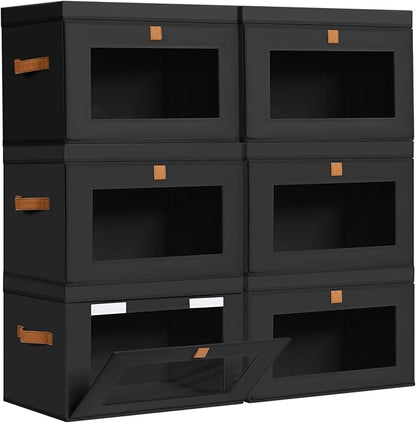 DIMJ Storage Bins with Lids - 6 Pack Large Fabric Closet Organizer with Window & Handles, Collapsible Decorative Storage Boxes for Shelves Under Bed, Books Clothes Blankets Sweaters Organization