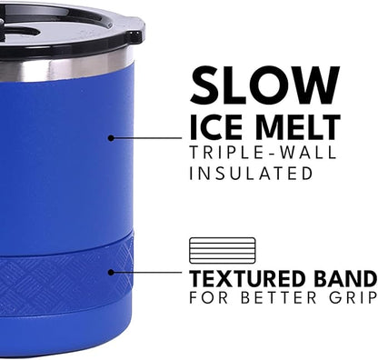 Elemental Recess Lowball Tumbler, 10oz Triple Wall Stainless Steel Cup with Non-Shattered Tritan Lid, Insulated Whiskey Glass, Insulated Coffee Tumbler Mug for Hot & Cold Drinks - Royal Blue