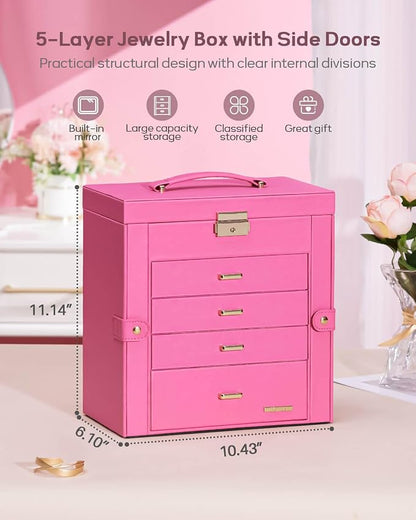 Homde Synthetic Leather Huge Jewelry Box Mirrored Watch Organizer Necklace Ring Earring Storage Lockable Gift Case (Pink + Gold)