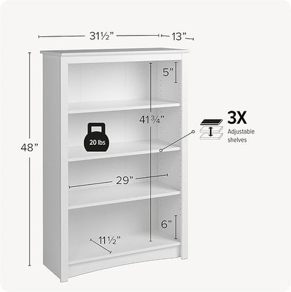 Prepac Sonoma 4-Tier Bookcase 48"H with 3 Adjustable Shelves, White Storage Cabinet, Modern Display Cabinet, Bookshelf with Storage Shelves for Home Office, Living Room Organizer