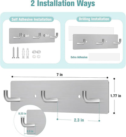 RELBRO Key Holder Wall Mount, Small Metal Self Adhesive Key Rack with 3 Hooks, 2 Installation Options, Silver