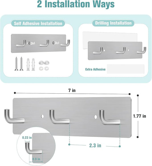 RELBRO Key Holder Wall Mount, Small Metal Self Adhesive Key Rack with 3 Hooks, 2 Installation Options, Silver
