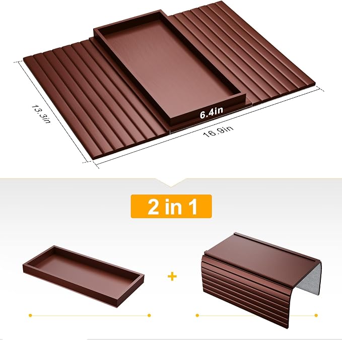 Bestjing Bamboo Sofa Armrest Tray Table for Couch - 2-in-1 Foldable Couch Arm Table with Be Slide Detachable Tray- Anti-Slip Sofa Armchair Caddy for Drinks Cellphone TV Remote Snacks(Walnut)