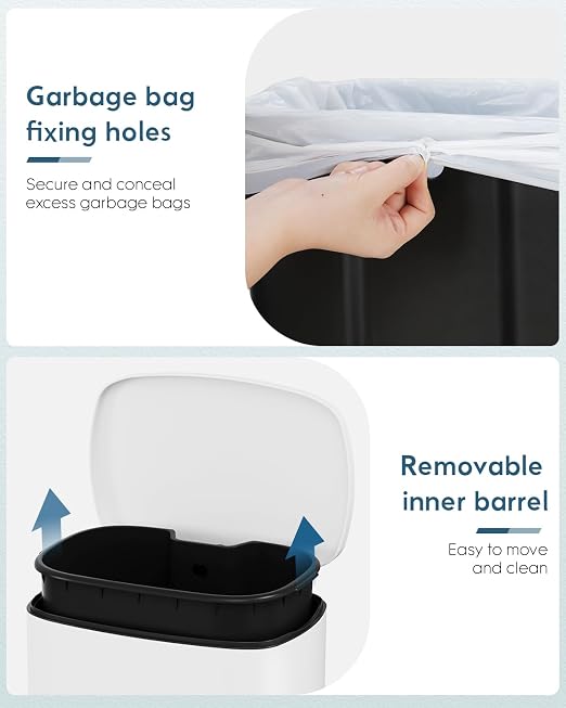 Arlopu 13.2+1.3 Gallon Step Trash Can, Stainless Steel Garbage Bin, Soft-Close Rubbish Bin with Removable Plastic Inner Bucket, Fingerprint-Proof, Lid Dustbin, for Kitchen Home (White)