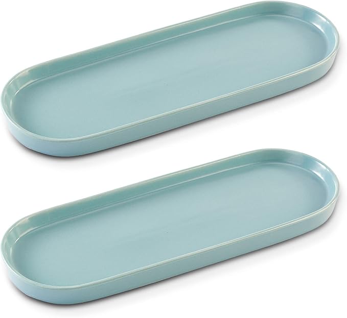 Ceramic Sink Tray, Bathroom Counter Tray, Bathtub Tray, Cosmetics Dish, Candle Tray, Perfume Shampoo Liquid Soap Tray Simple Style Design Suit for Bathroom and Kitchen (2pcs Blue)