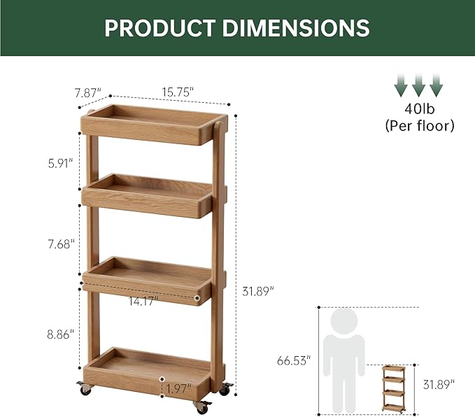 4-Tier Rolling Utility Cart with Lockable Wheels – Solid Oak Mobile Storage Trolley & Shelving Organizer for Kitchen, Living Room(Natural, 7.87" D x 15.75" W x 31.89" H)
