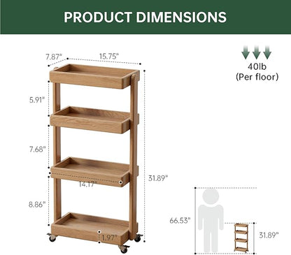 4-Tier Rolling Utility Cart with Lockable Wheels – Solid Oak Mobile Storage Trolley & Shelving Organizer for Kitchen, Living Room(Natural, 7.87" D x 15.75" W x 31.89" H)