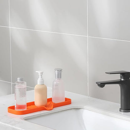 MicoYang Silicone Soap Dish with Drain Spout — Self-Draining Double Sink Organizer Tray for Kitchen & Bathroom, Dispensers, Sponges & Soap Holder, Non-Slip & Dishwasher Safe, Orange (Large, 12"×4")
