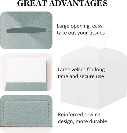 Tissue Box Cover Holder Square Tissue Cube Cover PU Leather Tissue Organizer with Bottom Belt for Bathroom, Tabletop, Car, Night Stands, Office, Home, Kitchen (2, Blue)