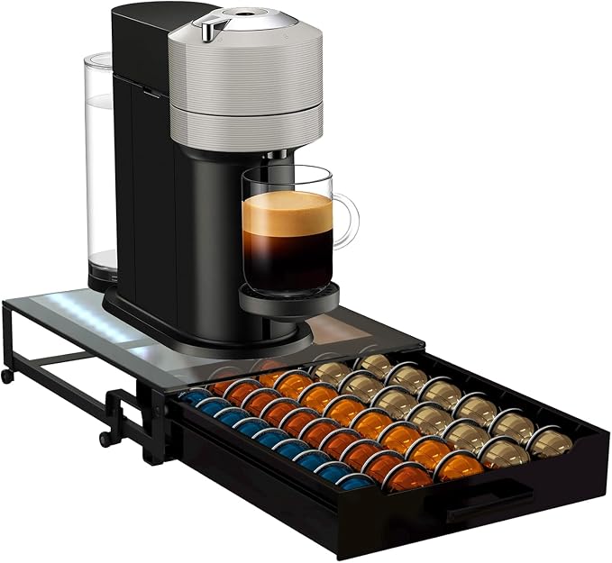 Vertuo Pod Holder Drawer with Deluxe Black Tempered Glass Top, Compatible for Nespresso VertuoLine Pods, Holds up to 75 Small or 50 Big Vertuo Pods Compact Design (CRYSTAL CLEAR ROLLING DRAWER)