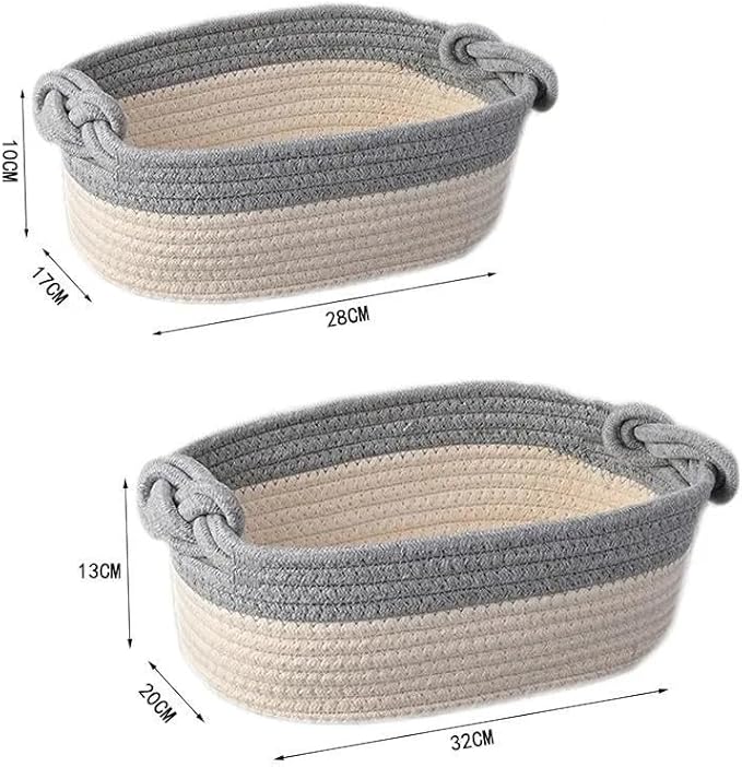 Set of 2 Cotton Woven Baskets 100% – Decorative Storage Set, Easy to Carry, Modern Design in Beige or Gray, Ideal for Bathroom, Bedroom, Living Room, Nursery & Gift Giving