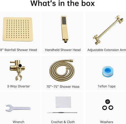 G-Promise All Metal 8-Inch Dual Square Shower Head Combo, Rain Shower Head, Handheld Shower Wand with 71-Inch Extra Long Hose, 3-Way Diverter, Adjustable Extension Arm, Brushed Gold