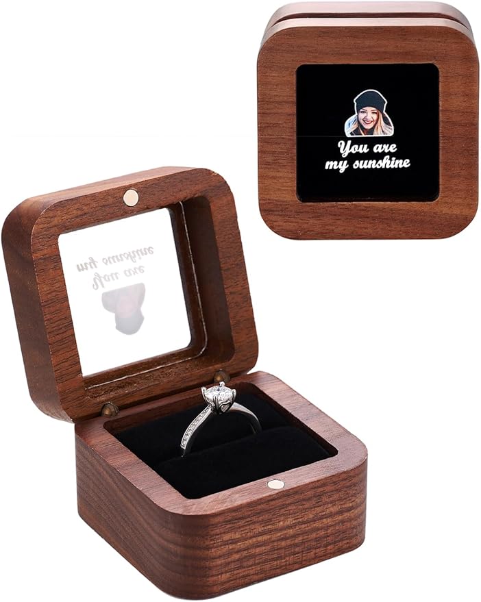 Custom4U Personalized Wooden Ring Box for Wedding Day Vintage Small Engagement Ring Holder for Proposal Custom Ring Bearer for Ceremony Jewelry Gift