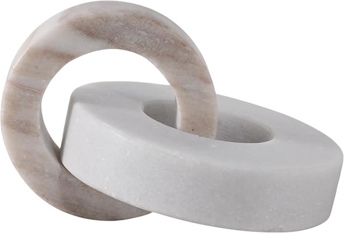 Home Decor and Bathroom Decor Marble Double Ring - Modern Shelf Sculpture and Office Accents for Room Styling - Coffee Table Ornaments and Living Room Decor Statues Design - 6", White & Beige