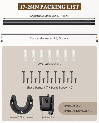 Heavy Duty Closet Rod, 17-28 IN Closet Rods for Hanging Clothes, Black