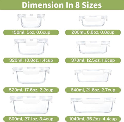 HOMBERKING 8 Pack Glass Food Storage Containers with Lids, Meal Prep Containers, Airtight Bento Boxes with Leak Proof Locking for Microwave, Oven, Freezer and Dishwasher, BPA Free, 5-35oz, white