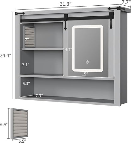 QUW 31" Farmhouse Bathroom Wall Cabinet, Bathroom Medicine Cabinets with Mirror, Over Toilet Wall Storage Cabinet, 3 Lighting Modes, Adjustable Brightness, Jewelry Holder, Sliding Door, Grey