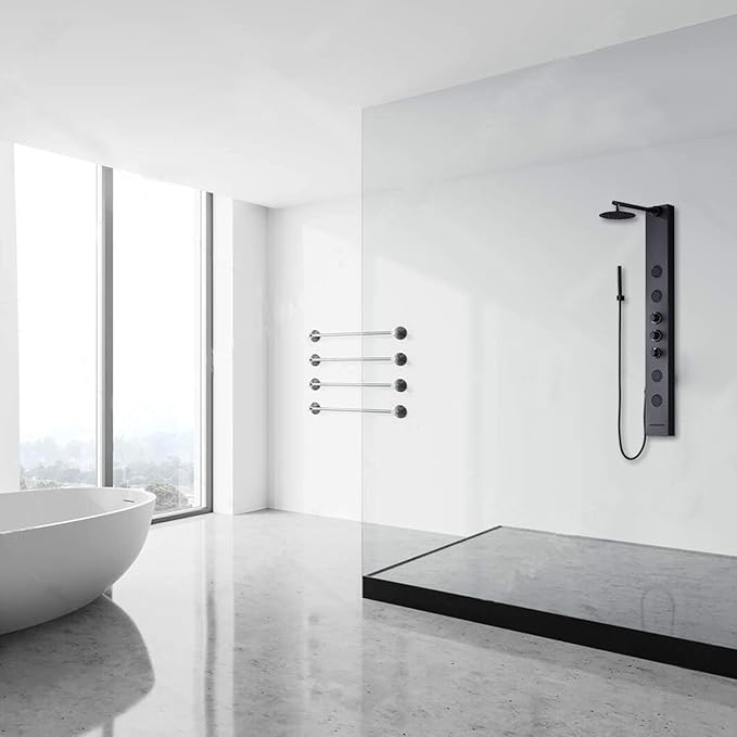 Achelous Round Rainfall Shower Head Panel System with Thermostatic,Stainless Steel High Pressure Turbo Body Jets Waterfall Shower Tower,Brass Handheld Wand in Matte Black