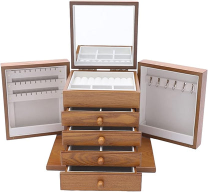 5-Layer Retro Jewelry Box Organizer with Mirror,Wooden Jewelry Chest for Women Girls, Jewellery Display Holder Organizer Box Case for Necklace Earrings Rings Bracelets, Gift for Festival