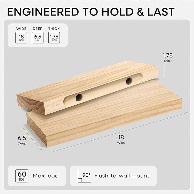 Homeforia 18 inch Natural Floating Shelf, High End Solid Real Wood 18inch Small Floating Shelves for Wall Mounted, Natural Wooden Floating Shelves, Heavy Duty Bracket, 18 X 6.5 X 1.75 in, Set of 3