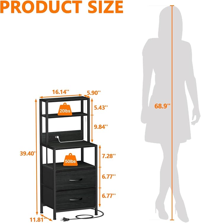 Furnulem Night Stand, Tall Nightstand with 4-Tier Shelves, 2 Fabric Drawers and Led Lights, Bed Side Tables with Charging Station, Bedside Table for Bedroom, Office, Black Oak | 4-Tier Shelves