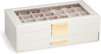 Lolalet Earring Storage Box Case with Glass Top, Large Earring Jewelry Holder Organizer Display with Drawer and Grid, Gift for Girls Women -2 Tiers, Cloud White