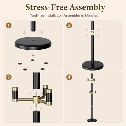 Solid Wood Freestanding Coat Rack with 6 Gold Metal Hooks, Heavy-Duty Freestanding Coat Stand for Coats, Hats, and Bags, Coat Racks for Bedroom, Entryway, and Living Room (Black)
