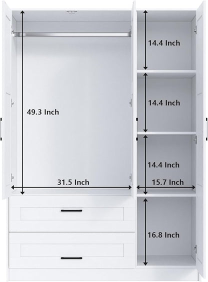 Fenghua Lizhi 3 Doors Wooden Wardrobe Closet Armoire, White Storage Cabinet for Hanging Clothes, Bedroom Large Capacity Freestanding Armoire,Wood Wardrobe Combination with Shelves (2drawer, White)