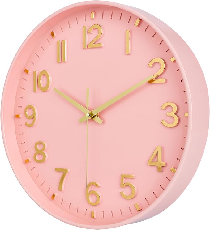 HZDHCLH Wall Clocks Battery Operated,Wall Clock Pink Gold 10 inch Wall Clock Silent Non Ticking Modern 3D Numbers for Office Kitchen Classroom Bedroom Living Room Decor