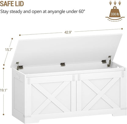 42.9" Storage Chest, Large Storage Trunk with 2 Hinges, Farmhouse Wooden Box Bench, Lift-Top Organizer Chest, Entryway Trunk for Bedroom, Living Room, White SB10903X