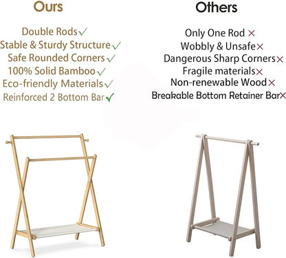 Kids Clothing Rack, Small Clothes Rack for Toddler Pets, Kids Dress Up Rack with Storage Shelf & Double Rods, Foldable Kids Clothes Rack for Nursery Child's Room (Regular Size)