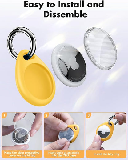 UNBREAKcable Holder for Apple AirTag - 4 Pack [Fit Tightly Design] [Easy to Install] [Hold Air Tag Securely] Waterproof TPU Shell Protective Case with All Metal Keychain Key Ring Clip