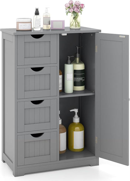 Tangkula Bathroom Floor Cabinet, Freestanding Storage Cabinet with 4 Drawers & Single Door, Adjustable Shelf, Multipurpose Bathroom Storage for Home Office, 21.5 x 12 x 32.5 Inches (Grey)